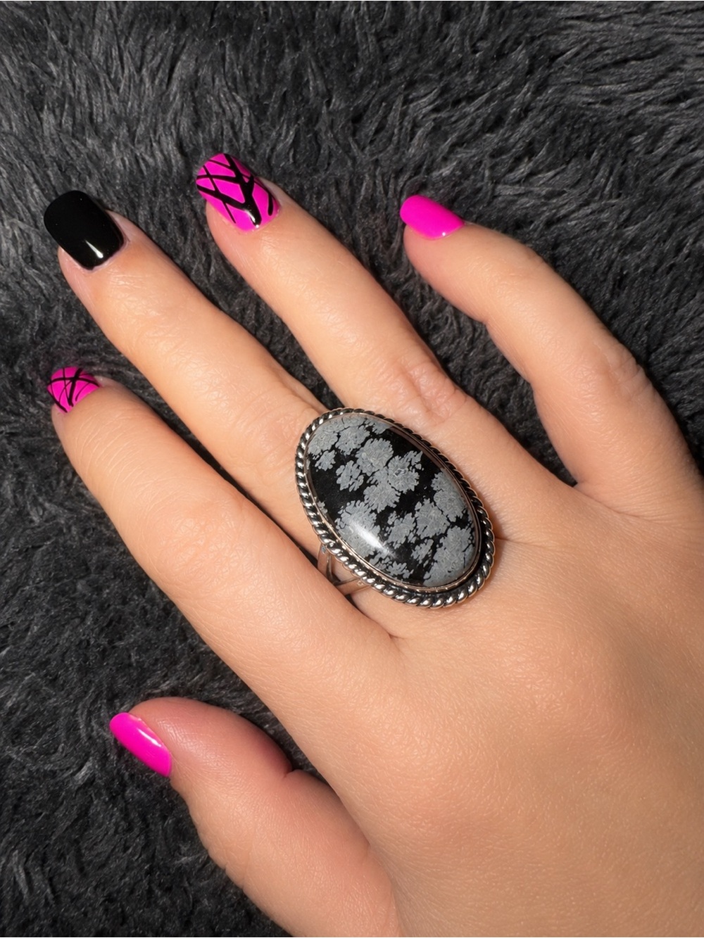 Oval Snowflake Obsidian Ring with Twisted Silver Rope Frame